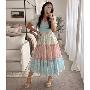 Ivy City Co Emily Patchwork Smocked Shirred Puff Sleeve Tiered Midi Dress Large